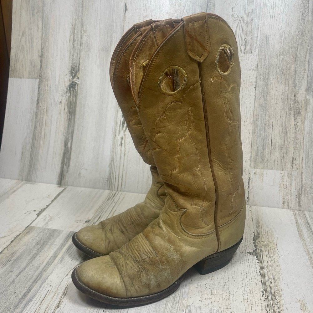 Tony Lama Buckaroo‎ Distressed Leather Cowboy Boots size 8A Western Beige Yellow